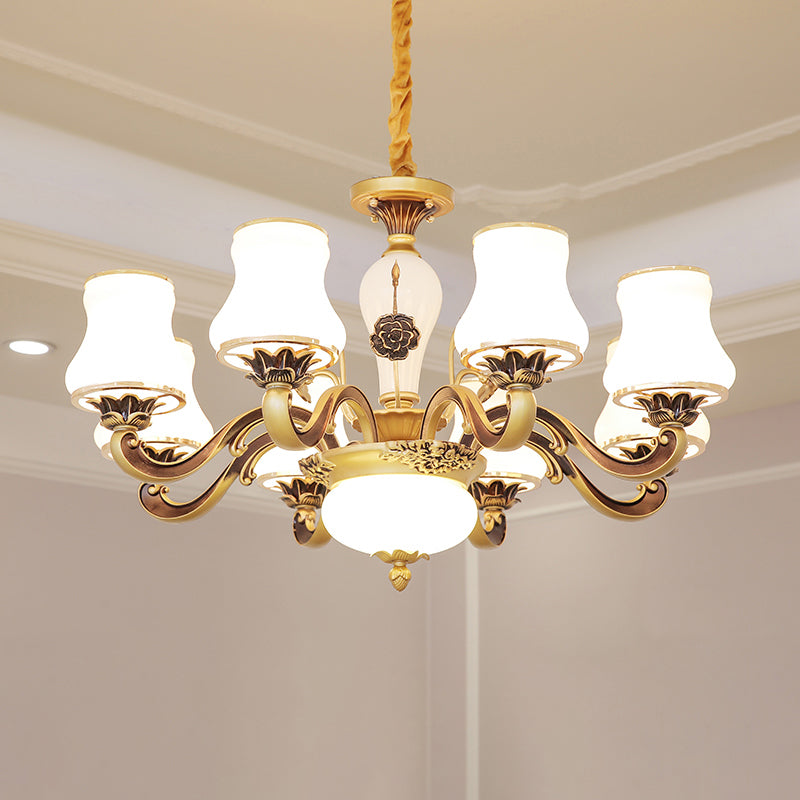 White Glass Flared Chandelier Vintage Dining Room Suspended Lighting Fixture in Brass