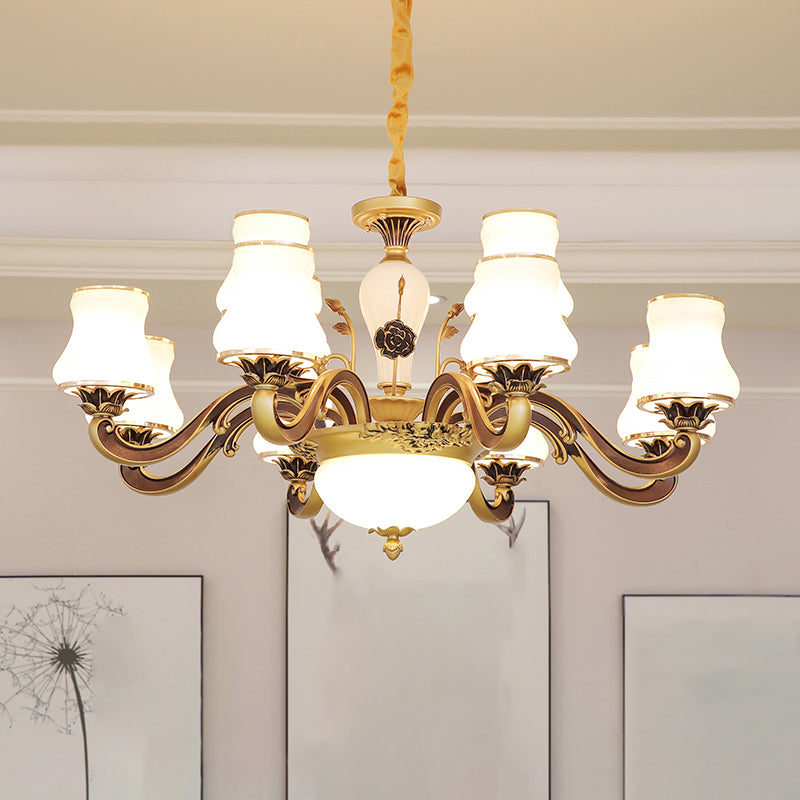 White Glass Flared Chandelier Vintage Dining Room Suspended Lighting Fixture in Brass