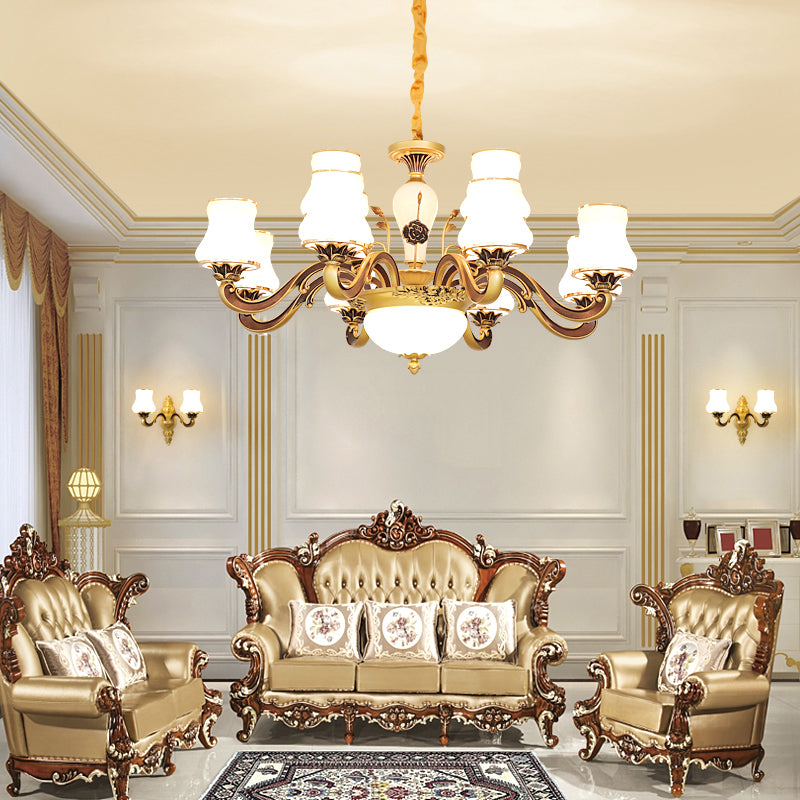 White Glass Flared Chandelier Vintage Dining Room Suspended Lighting Fixture in Brass