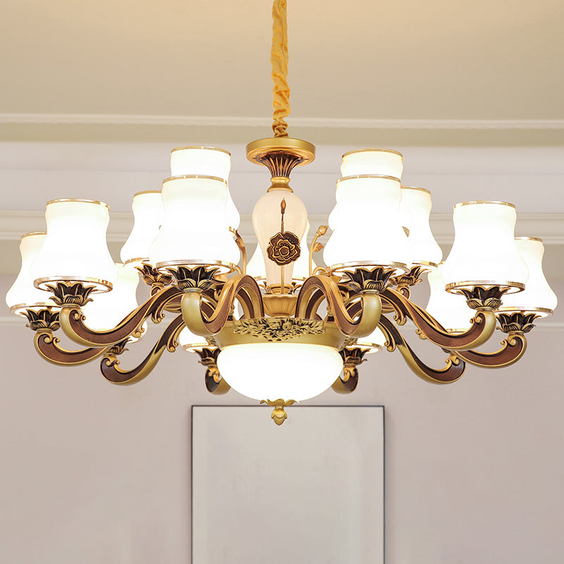 White Glass Flared Chandelier Vintage Dining Room Suspended Lighting Fixture in Brass