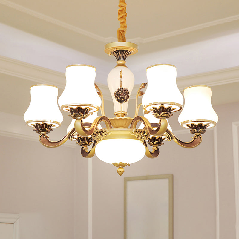 White Glass Flared Chandelier Vintage Dining Room Suspended Lighting Fixture in Brass