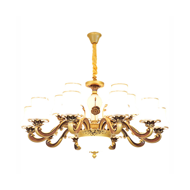 White Glass Flared Chandelier Vintage Dining Room Suspended Lighting Fixture in Brass