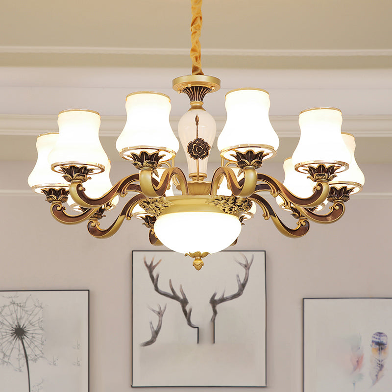 White Glass Flared Chandelier Vintage Dining Room Suspended Lighting Fixture in Brass