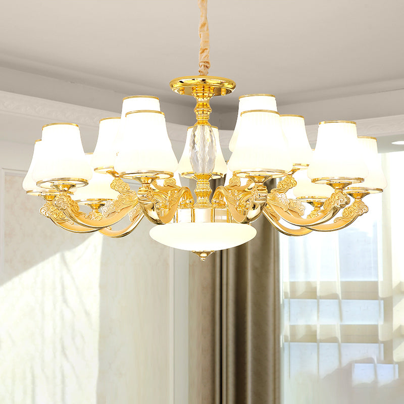 Minimalist Tapered Chandelier Light Opaline Glass Pendant Lamp in Gold for Living Room