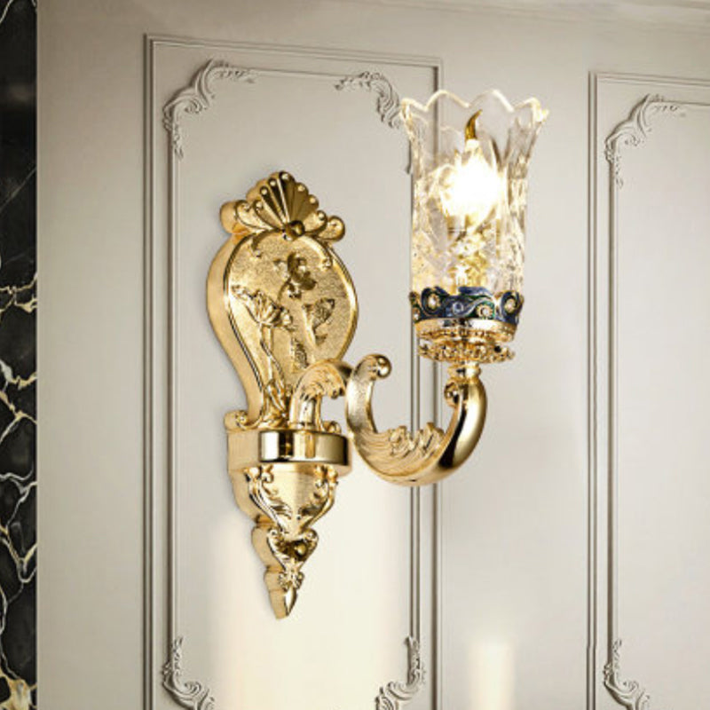 Gold Plated Sconce Lighting Antique Carved Glass Floral Wall Mount Lamp for Foyer