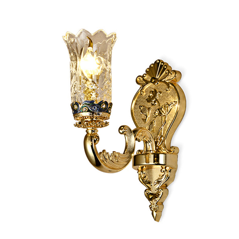 Gold Plated Sconce Lighting Antique Carved Glass Floral Wall Mount Lamp for Foyer