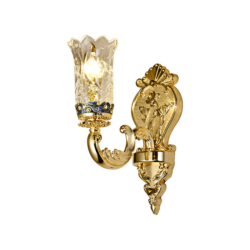 Gold Plated Sconce Lighting Antique Carved Glass Floral Wall Mount Lamp for Foyer