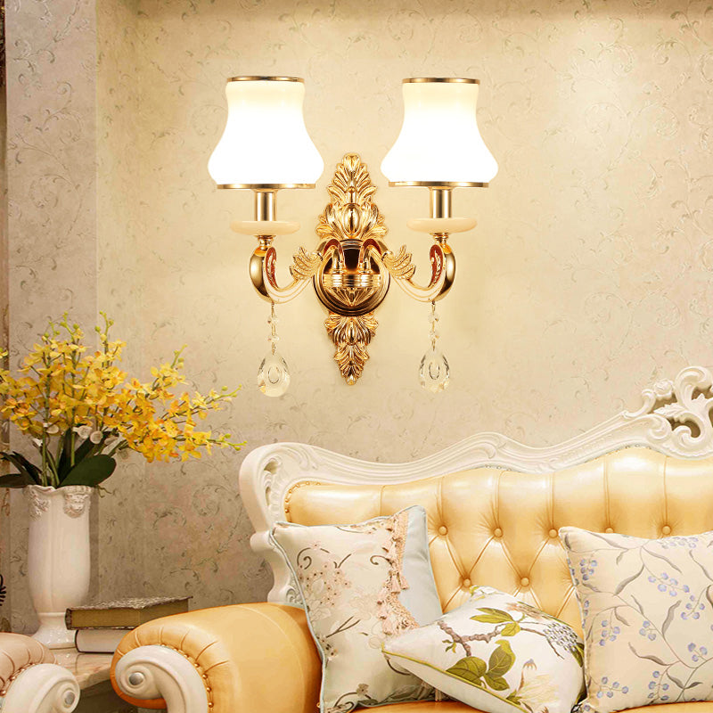 Flared Sconce Lamp Retro Style Gold Milk Glass Wall Mount Light with Crystal Droplet