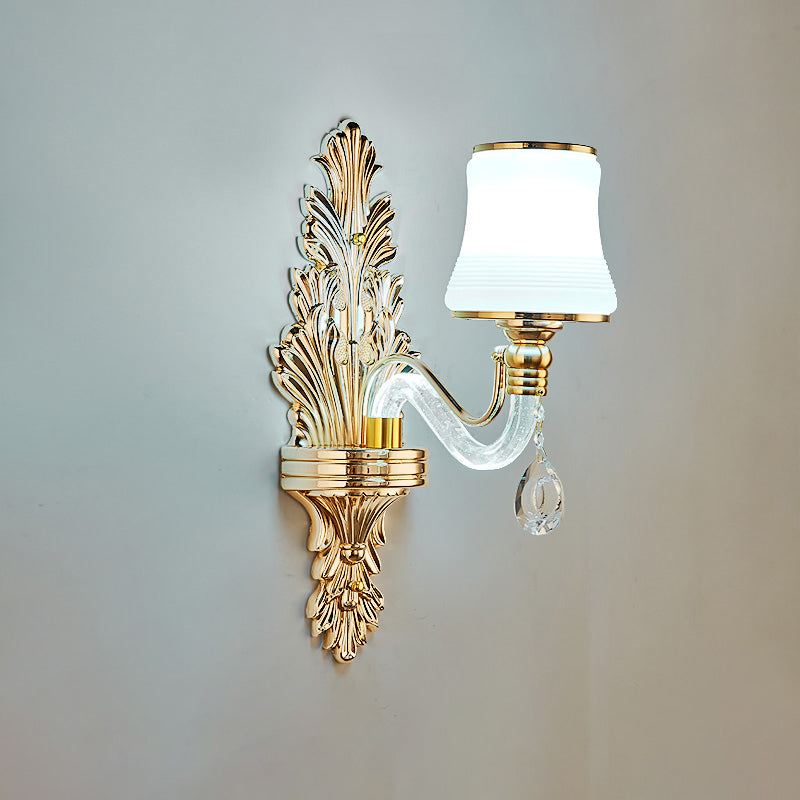 Gold Flared Wall Mount Lighting Traditional White Glass Living Room Sconce with Illuminated Arm