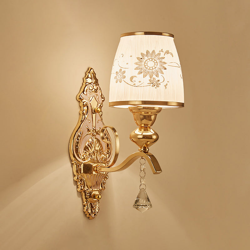 Patterned Glass Gold Wall Light Fixture Tapered Traditional Wall Sconce for Bedroom
