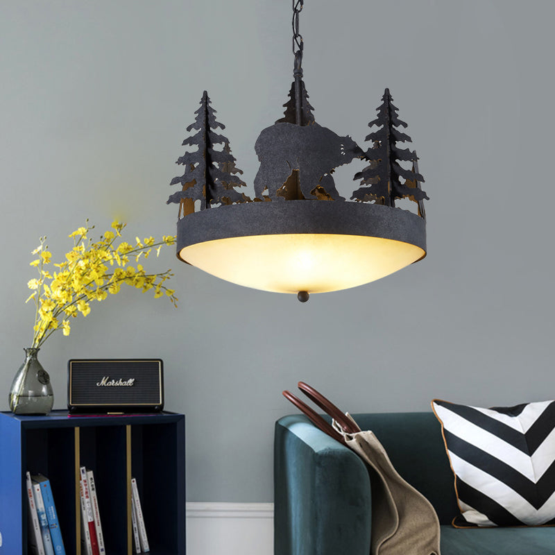Frosted Glass Bowl Hanging Chandelier Country 3 Lights Living Room Pendant Light in Black with Tree and Bear
