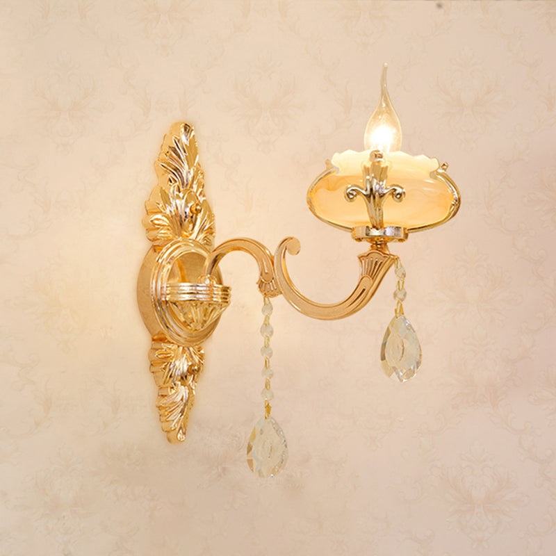 Gold Carved Arm Wall Sconce Light Traditional Metal Bedroom Wall Light with White Lampshade