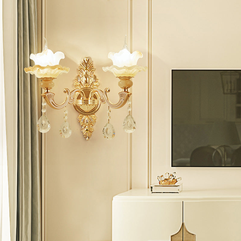 Frosted Glass Lotus -vormige wandbevestiging Licht Vintage woonkamer SCONCE LICHTING IN GOUD