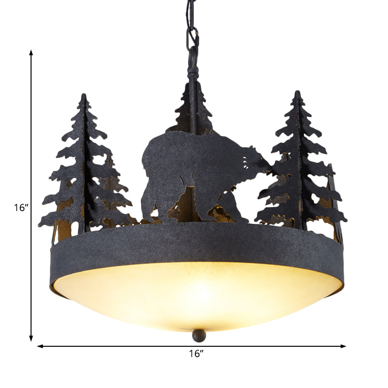 Frosted Glass Bowl Hanging Chandelier Country 3 Lights Living Room Pendant Light in Black with Tree and Bear