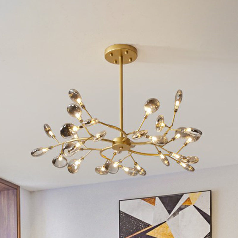 Postmodern Style 30-Light Chandelier Brass Firefly Hanging Light with Acrylic Shade