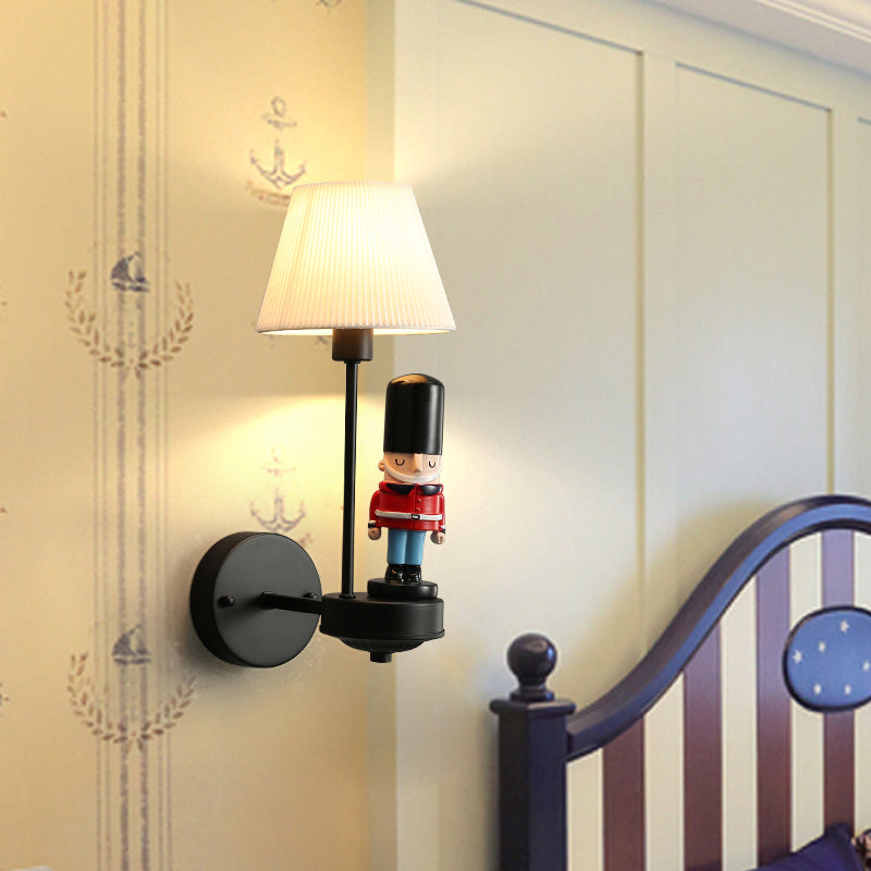 Pleated Fabric Tapered Wall Light Cartoon 1-Light Wall Sconce Lamp with Soldier Decoration in Black