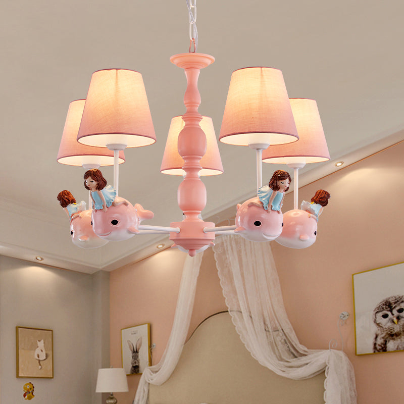 Empire Shade Girls Bedroom Chandelier Fabric Kids Style Hanging Light avec décor de baleine