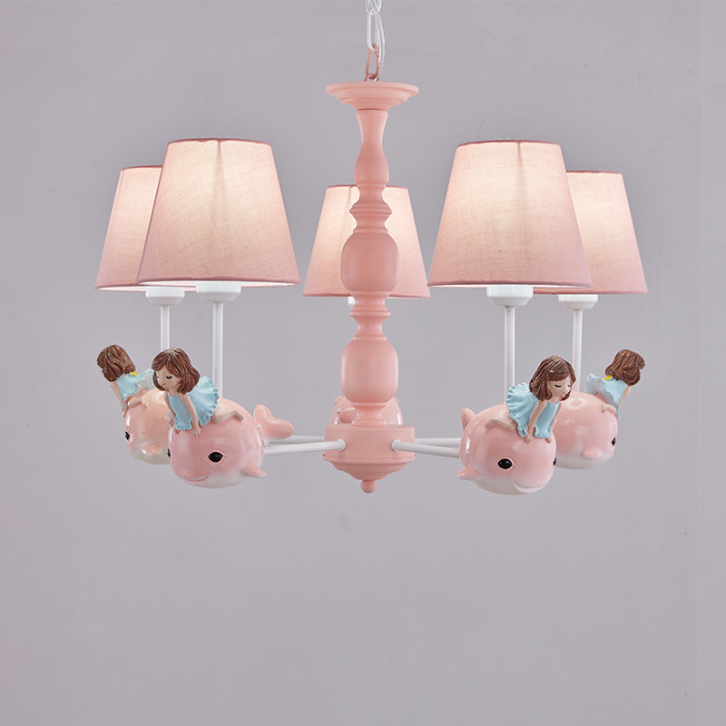 Empire Shade Girls Bedroom Chandelier Fabric Kids Style Hanging Light avec décor de baleine