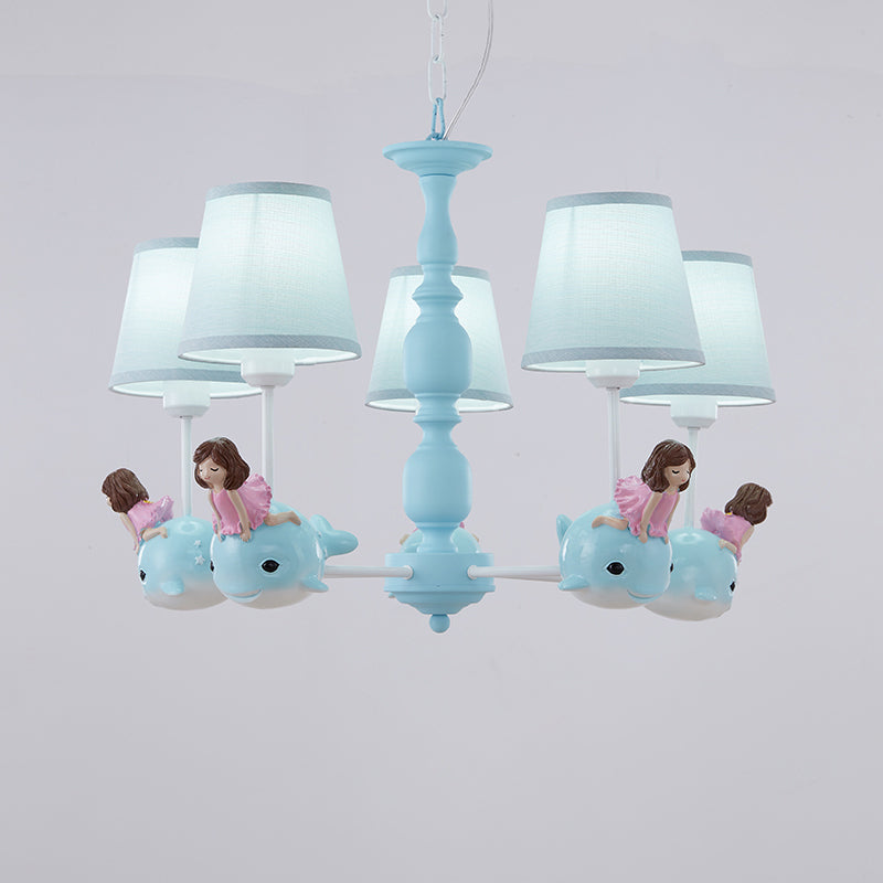 Empire Shade Girls Bedroom Chandelier Fabric Kids Style Hanging Light avec décor de baleine