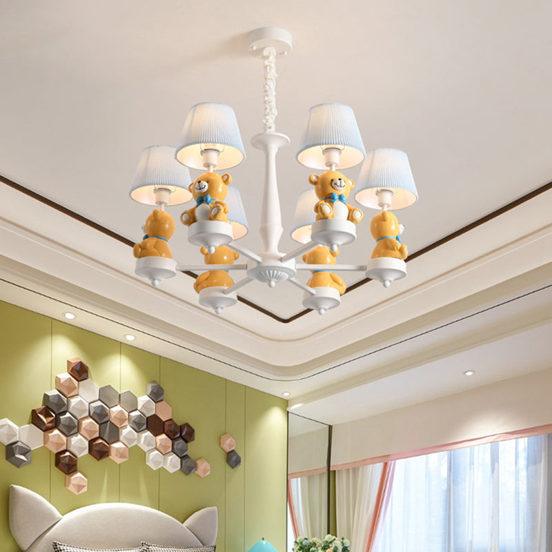 Yellow Bear Toy Chandelier Cartoon Resin Suspension Light with Tapered Gathered Fabric Shade