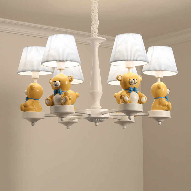 Yellow Bear Toy Chandelier Cartoon Resin Suspension Light with Tapered Gathered Fabric Shade