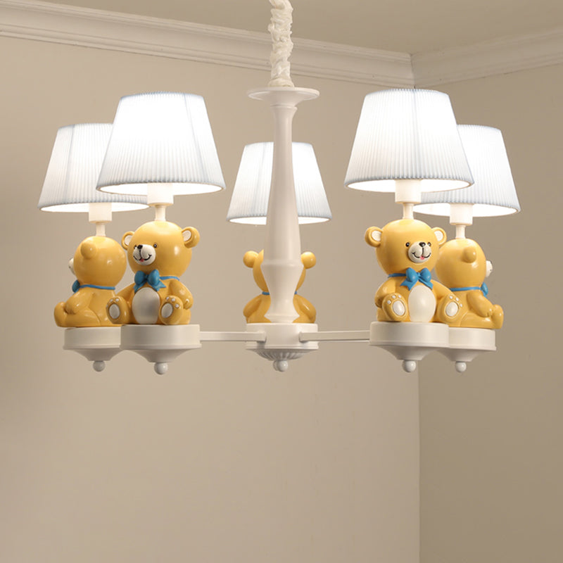 Yellow Bear Toy Chandelier Cartoon Resin Suspension Light with Tapered Gathered Fabric Shade