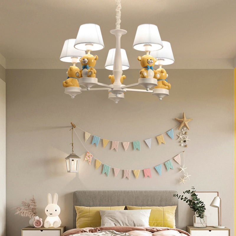 Yellow Bear Toy Chandelier Cartoon Resin Suspension Light with Tapered Gathered Fabric Shade