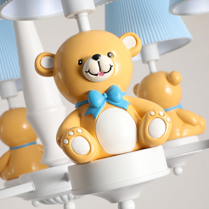 Yellow Bear Toy Chandelier Cartoon Resin Suspension Light with Tapered Gathered Fabric Shade