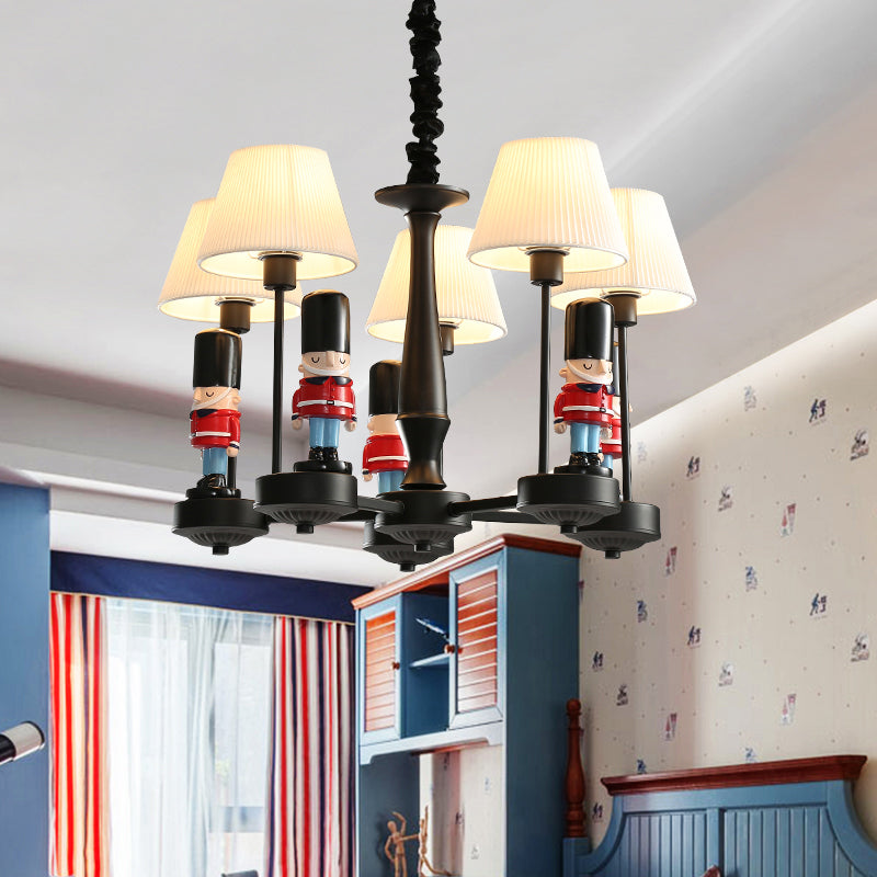 Conical Hanging Lamp Kids Gathered Fabric Bedroom Chandelier Light with British Soldier Deco in Black