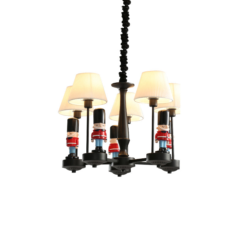 Conical Hanging Lamp Kids Gathered Fabric Bedroom Chandelier Light with British Soldier Deco in Black