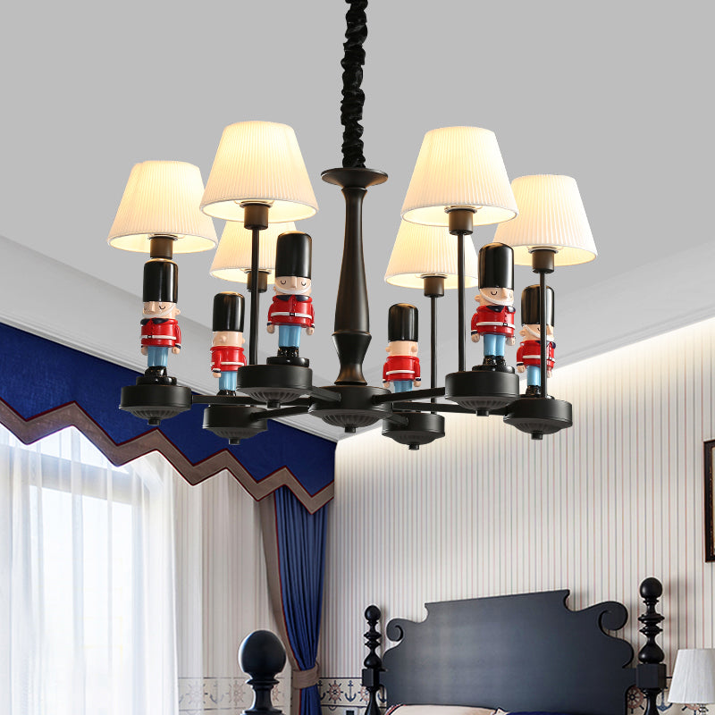 Conical Hanging Lamp Kids Gathered Fabric Bedroom Chandelier Light with British Soldier Deco in Black