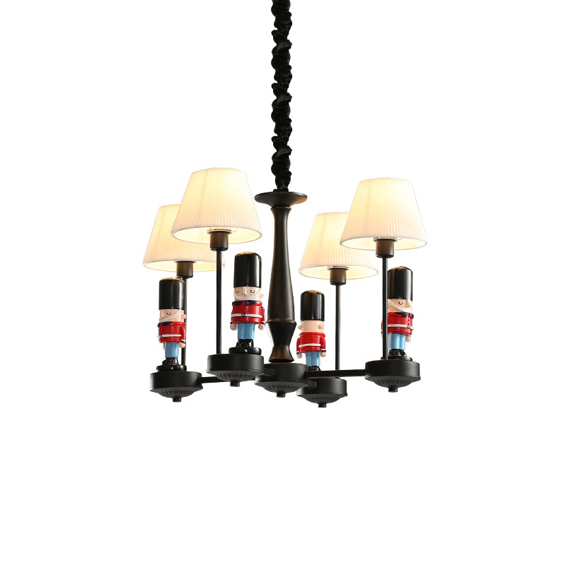 Conical Hanging Lamp Kids Gathered Fabric Bedroom Chandelier Light with British Soldier Deco in Black