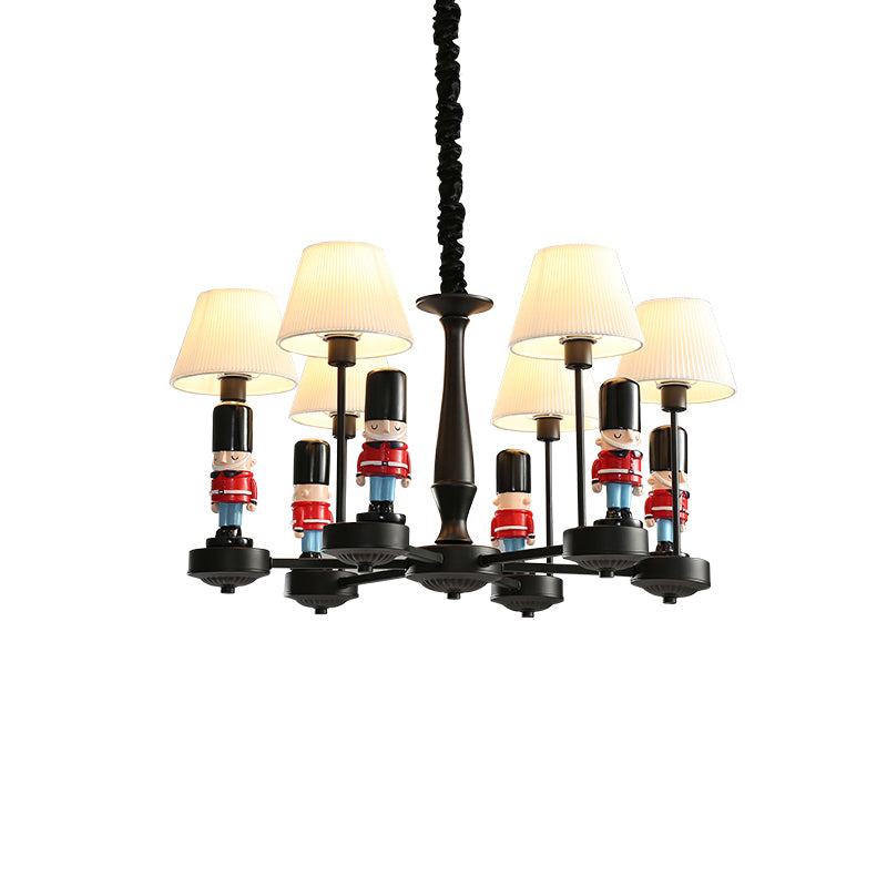 Conical Hanging Lamp Kids Gathered Fabric Bedroom Chandelier Light with British Soldier Deco in Black