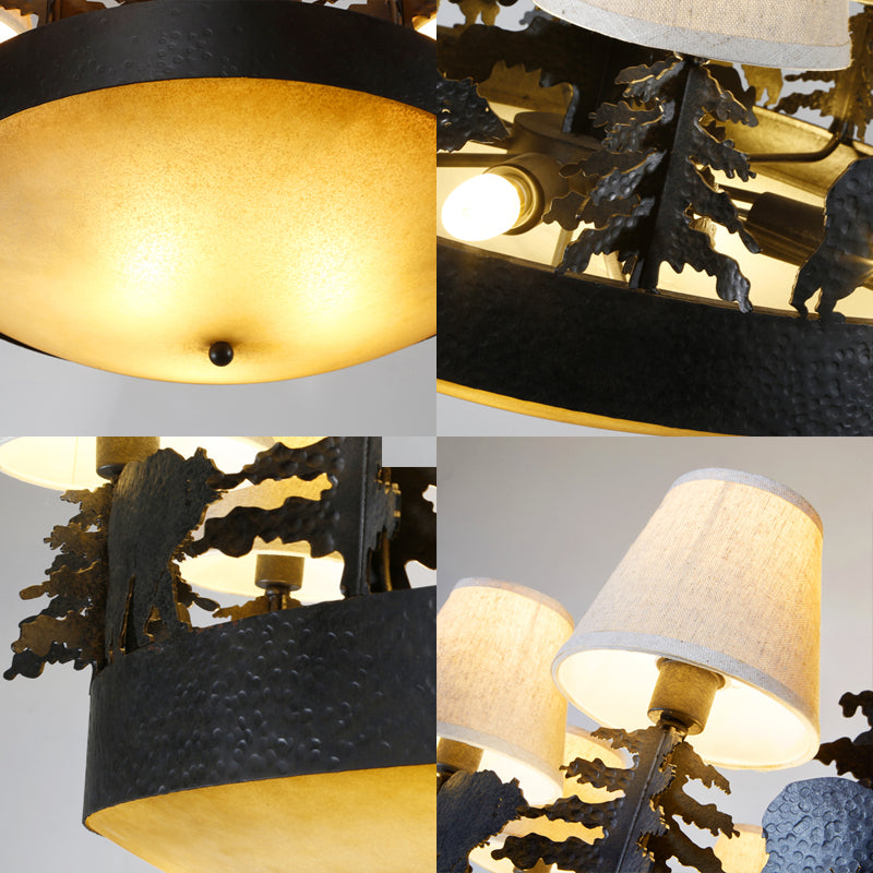 8 Bulbs Bowl Chandelier Light Country Black Opal Glass Hanging Ceiling Fixture with Cone Fabric Shade