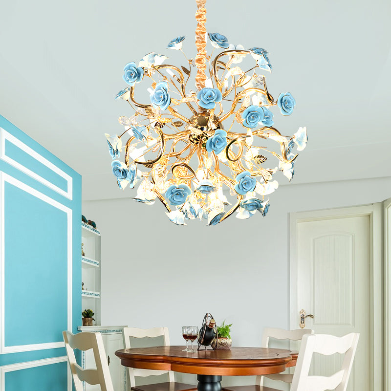 Sputnik Glass Chandelier Light Rustic 18 Lights Dining Room Hanging Lamp Kit in Gold with Flower Design