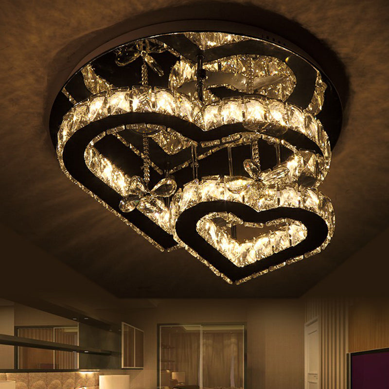 Beveled Crystal Loving Heart Ceiling Light Fixture Modern LED Clear Semi Flush Mounted Lamp
