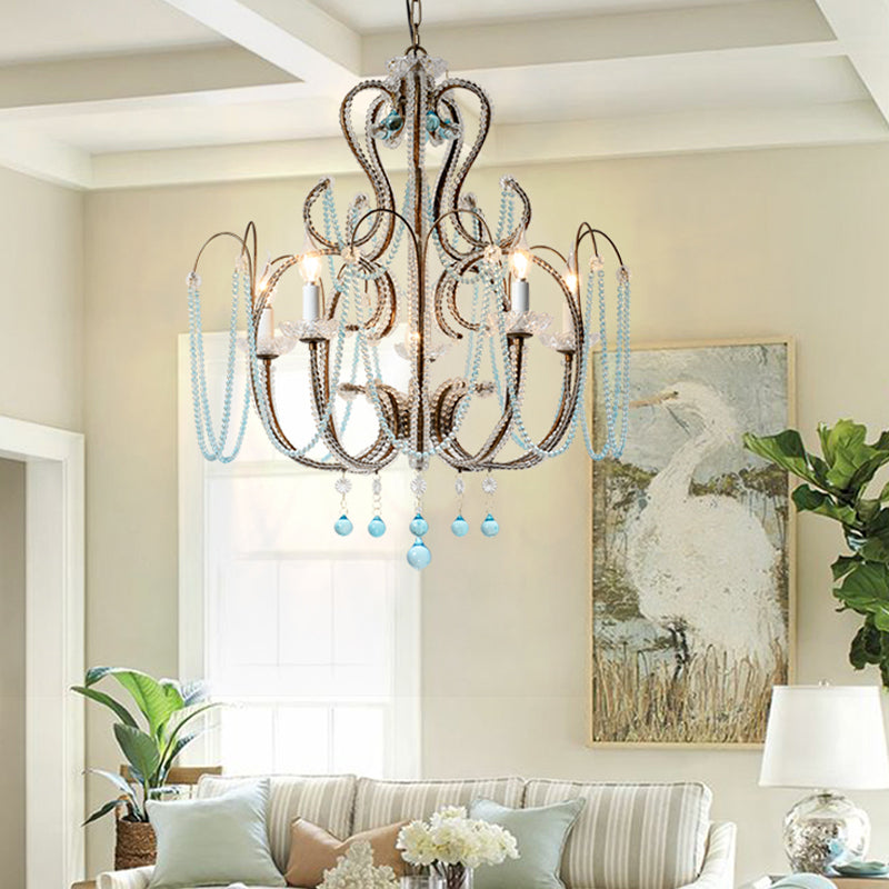 6 Lights Curve Arm Chandelier Light Vintage Rust Metal Hanging Light Kit with Crystal Strand