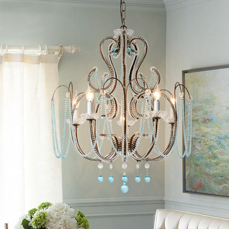 6 Lights Curve Arm Chandelier Light Vintage Rust Metal Hanging Light Kit with Crystal Strand