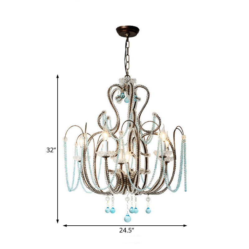 6 Lights Curve Arm Chandelier Light Vintage Rust Metal Hanging Light Kit with Crystal Strand