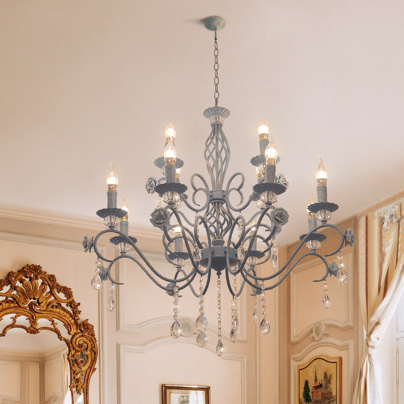 Blue Candelabra Hanging Ceiling Light Traditional Metal 12 Lights Living Room Chandelier Light with Crystal Drop