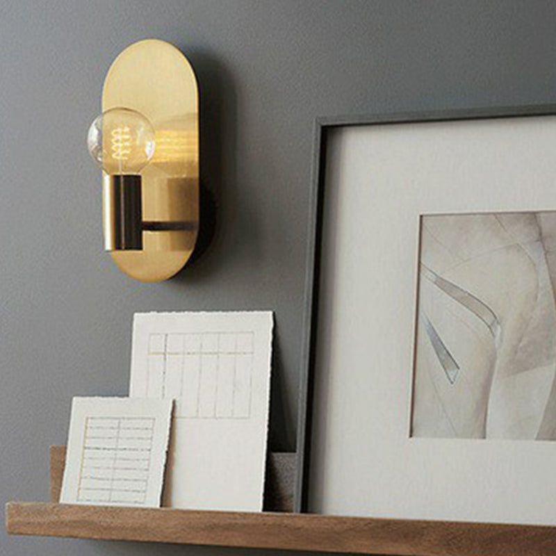 Exposed Bulb Design Sconce Light Postmodern Metal 1-Light Gold Finish Wall Light with Oval Backplate