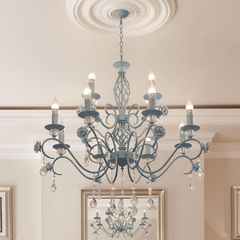 Blue Candelabra Hanging Ceiling Light Traditional Metal 12 Lights Living Room Chandelier Light with Crystal Drop