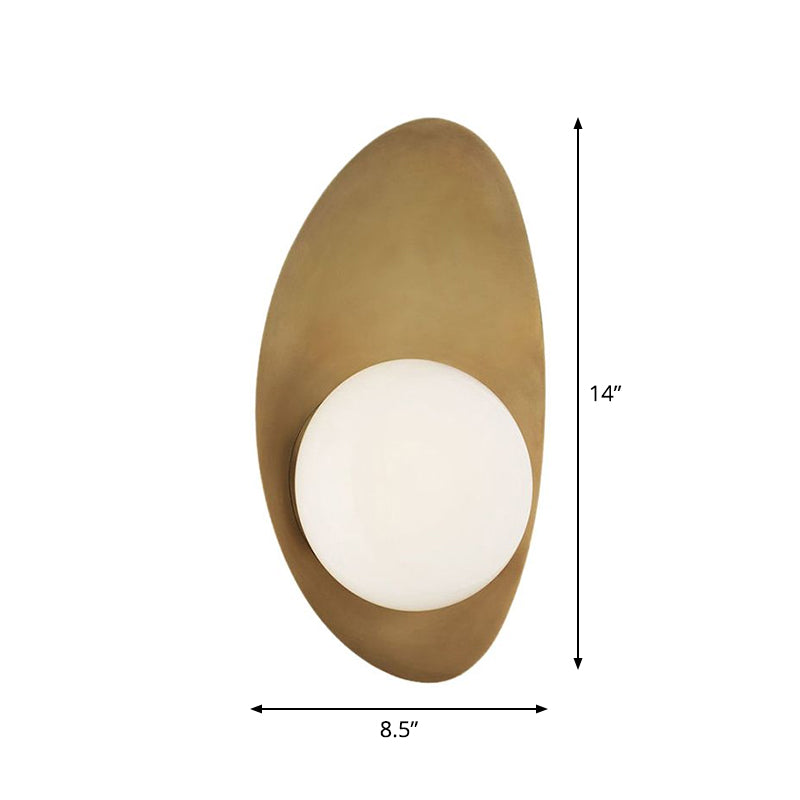 Antique Brass Oval Wall Lighting Postmodern 1 Bulb Metal Sconce Lamp with Ball White Glass Shade
