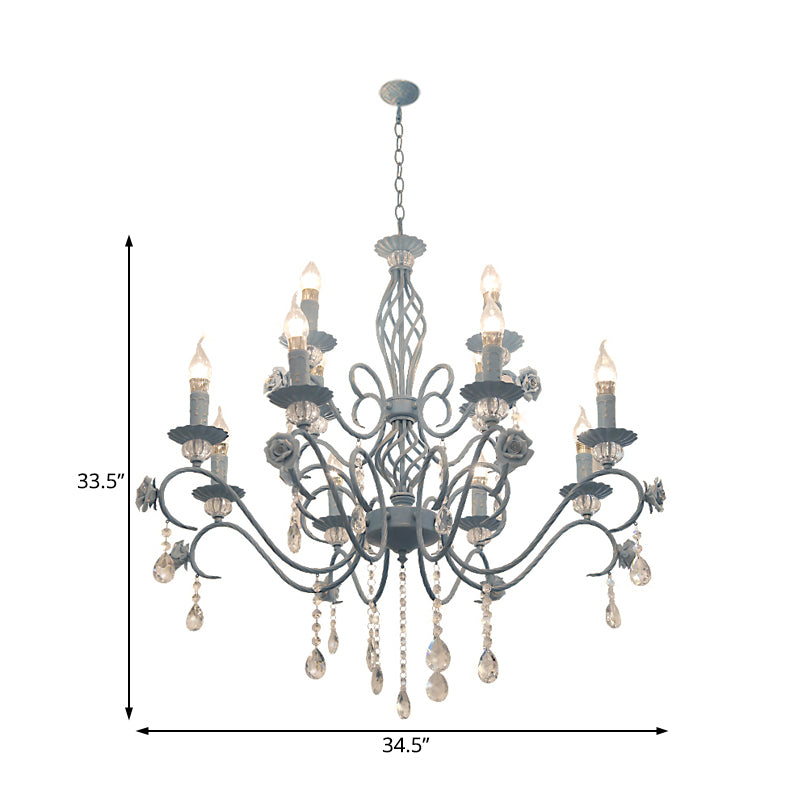 Blue Candelabra Hanging Ceiling Light Traditional Metal 12 Lights Living Room Chandelier Light with Crystal Drop