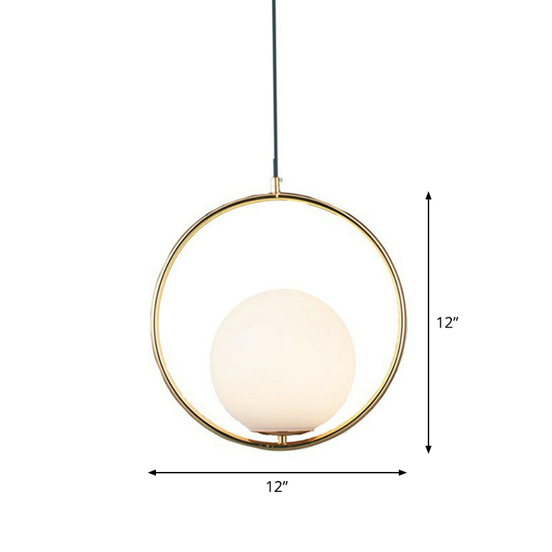 White Glass Spherical Hanging Lamp Post-Modern 1 Head Pendant Light with Metal Ring in Brass
