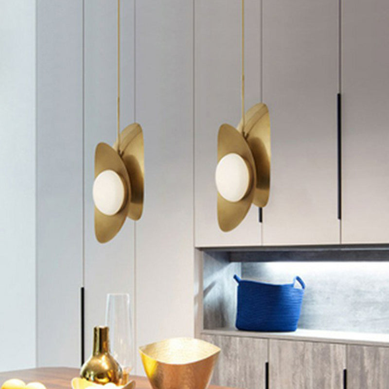 Curved Metal Pendant Lamp Designer 2-Head Black and Gold Inner Chandelier Light with White Glass Shade