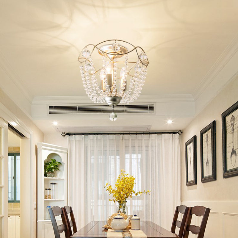 Silver 3 Lights Hanging Light Fixture Traditional Crystal Strand Dome Chandelier Light