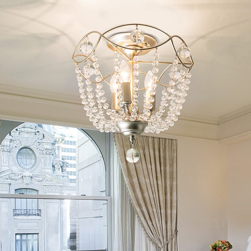 Silver 3 Lights Hanging Light Fixture Traditional Crystal Strand Dome Chandelier Light