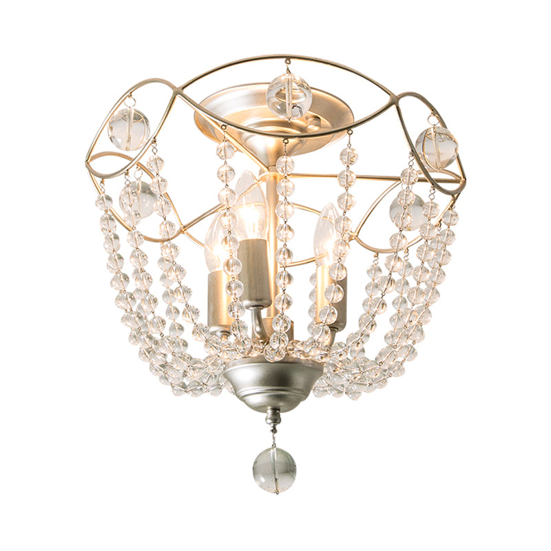 Silver 3 Lights Hanging Light Fixture Traditional Crystal Strand Dome Chandelier Light