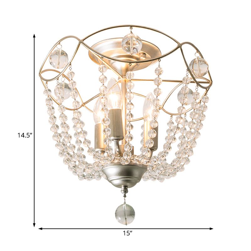 Silver 3 Lights Hanging Light Fixture Traditional Crystal Strand Dome Chandelier Light